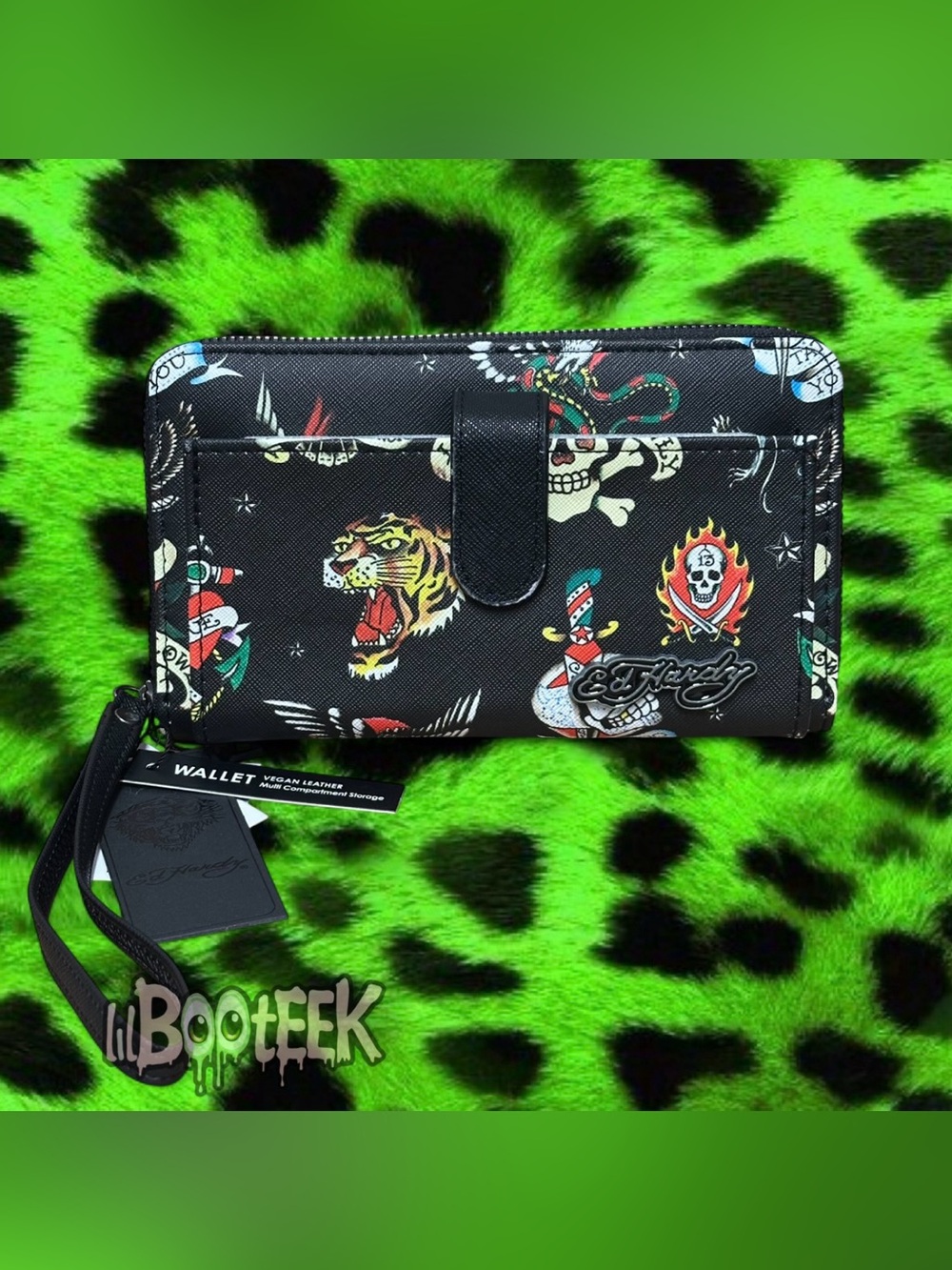 Ed Hardy Black Flash Tattoo Logos Wallet Wristlet w Outer Pocket NEW Viral Y2K